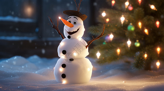 东圣诞夜在雪地中开心笑的卡通小雪人插画