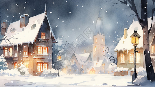 村落夜景夜晚雪中的温馨的卡通小镇插画