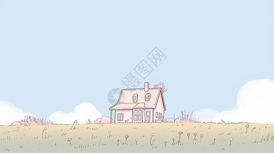 傍晚房子夜晚安静的草地一座卡通小房子插画
