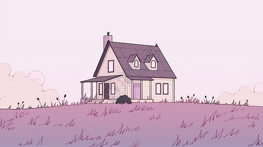 傍晚房子夜晚山坡上一座可爱的卡通小木屋插画