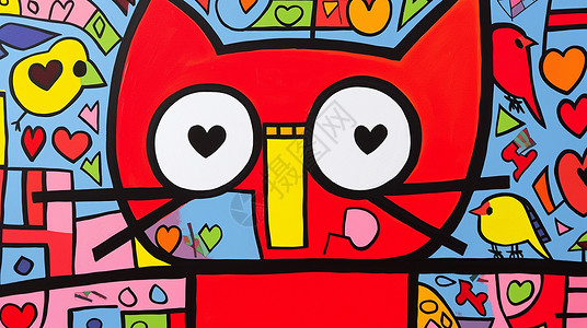 红色桃心桃心眼睛抽象可爱的卡通红色小猫插画