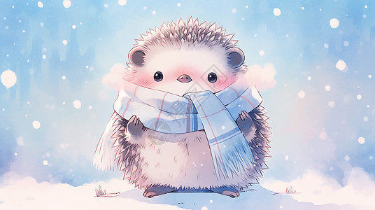 冬天大雪中围着围巾可爱的卡通小刺猬背景图片