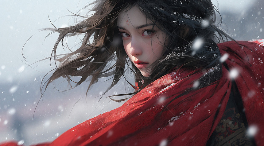 冬天在大雪中回头的漂亮长发卡通女人图片