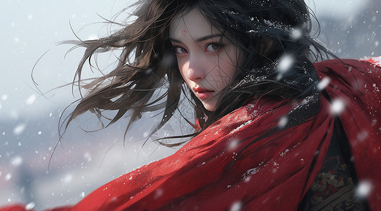 38红色背景冬天在大雪中回头的漂亮长发卡通女人插画