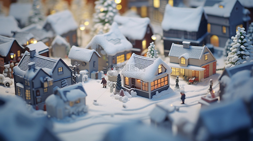 大雪过后美丽的卡通小村庄图片