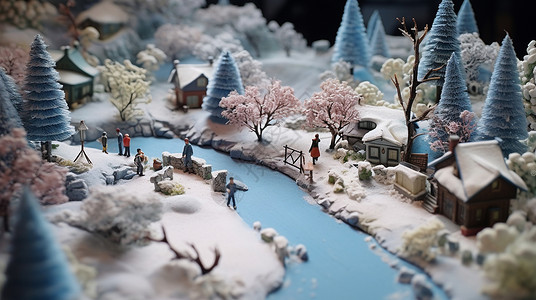 冬天雪后森林中一条美丽的卡通小河图片