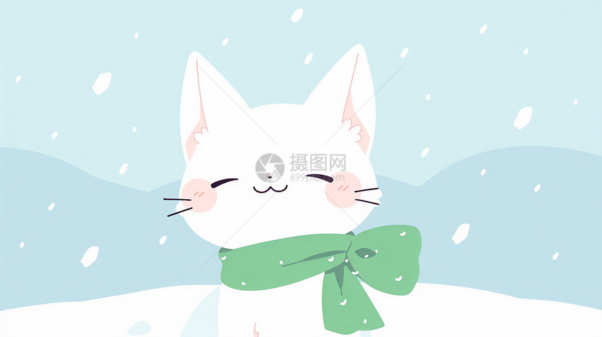 围着绿色围巾可爱的卡通小白猫图片
