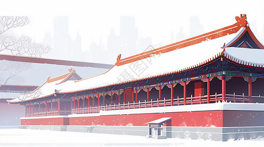 冬天紫禁城雪中唯美的卡通古风建筑插画