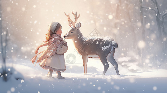 冬天里的鹿大雪中在森林中的卡通女孩与驯鹿插画