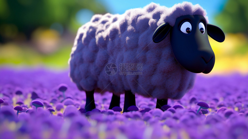 站在紫色花丛中可爱的立体卡通小羊图片