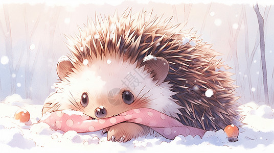 躺在金子上猪抱着粉色围巾在雪地中的可爱卡通刺猬插画