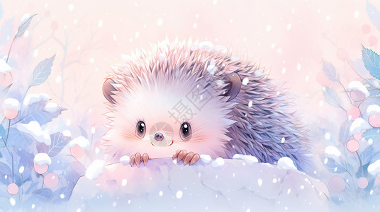 开心猪形象趴在雪地里开心笑的可爱卡通小刺猬插画