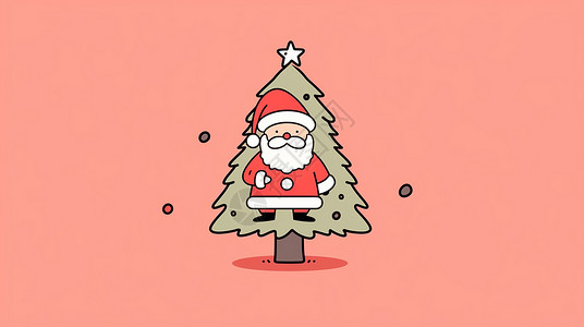 粉色背景上一棵简约可爱的卡通圣诞树与圣诞老人图片