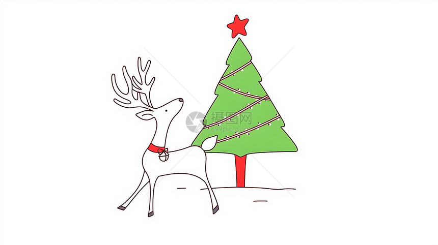 简约可爱的卡通小鹿在回头看圣诞树图片