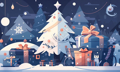圣诞夜扁平风卡通圣诞树背景图片