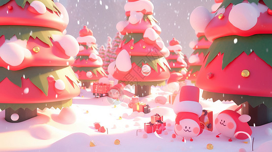 大雪中可爱的卡通圣诞树森林背景图片