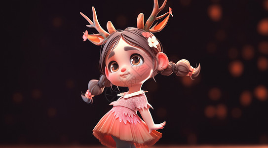 小女孩跟小鹿穿粉色裙子有鹿角的可爱立体卡通小女孩插画