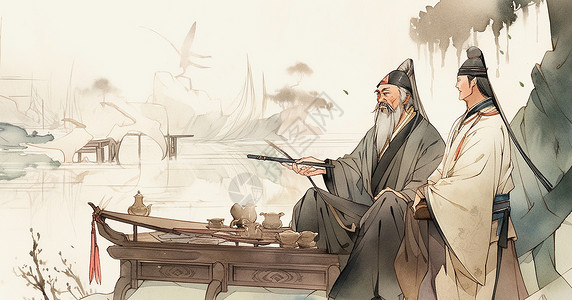 古风茶韵素材坐在茶桌旁交谈的两位水墨风卡通人物插画