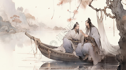 男人说话古风卡通男人坐在船上悠闲交谈插画