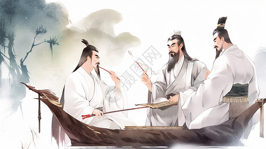 学术活动三位坐在船上的古风卡通男人在探究学术插画