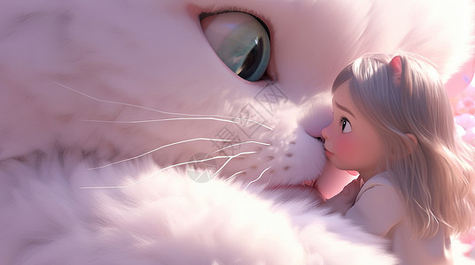亲吻巨型猫的可爱长发卡通小女孩背景图片