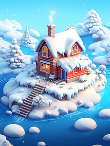 小岛中温馨的卡通小木屋背景图片