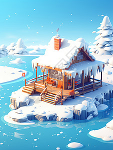 小岛中温馨的卡通小木屋背景图片