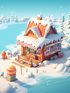 大雪中河边温馨的卡通小木屋背景图片