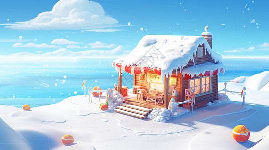 冬天大雪中亮着灯的温馨卡通商店背景图片