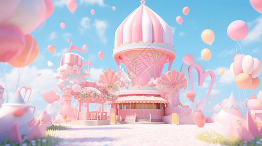 节日氛围十足的梦幻粉色卡通城堡高清图片