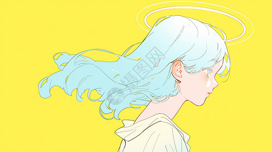 双色炫彩光圈淡黄色背景上一个头上有光圈的卡通女孩侧面插画