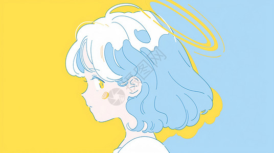 双色炫彩光圈黄蓝撞色漂亮的小清新卡通女孩侧面插画