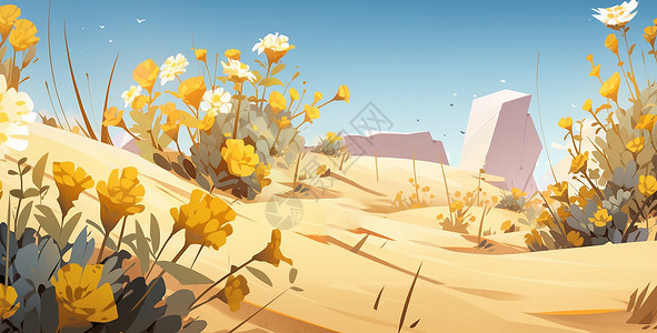 沙漠中的仙人掌蓝蓝的天空下沙漠中盛开着很多卡通花朵插画