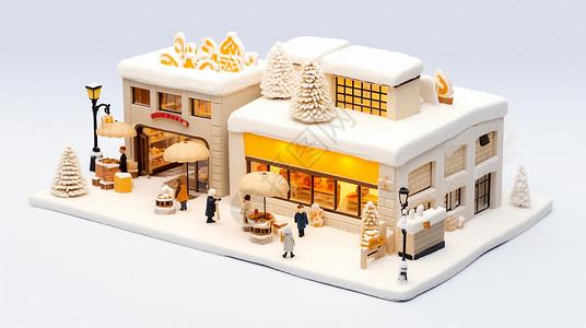 冬天雪后温馨卡通面包店上面有两棵圣诞树背景图片