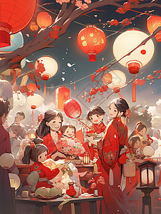 春节夜晚在一起开心聚会的古风卡通一家人背景图片