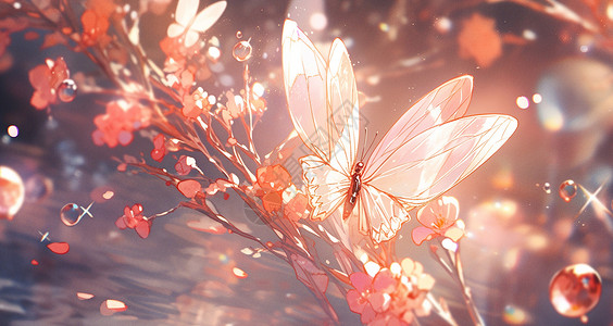 停在花朵枝头白色翅膀漂亮的卡通蝴蝶背景图片