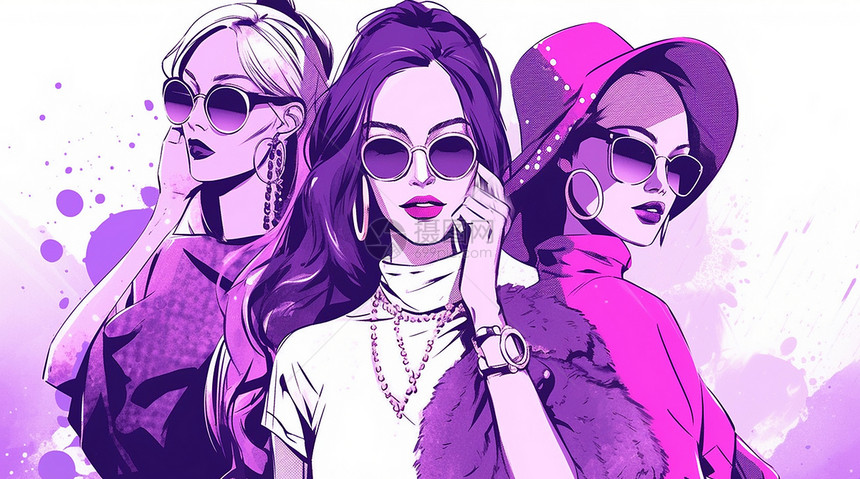 三个戴着墨镜的紫色调时尚卡通女孩图片