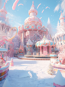冬天大雪中梦幻复古的卡通游乐场背景图片