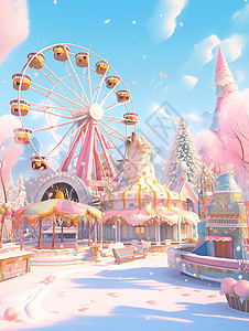 冬天大雪中有摩天轮的卡通游乐场背景图片