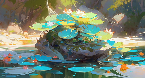 湖水中的石头上有很多绿色叶子背景图片
