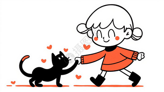 与小黑猫一起开心跳舞的可爱卡通小女孩背景图片