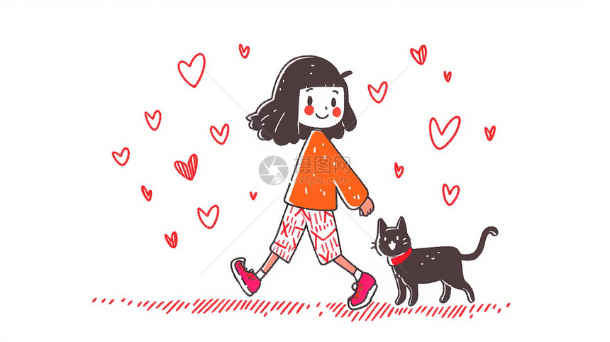 穿红色毛衣与小黑猫一起散步的卡通小女孩图片