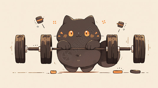 肥胖的卡通小黑猫正在举重锻炼身体背景图片