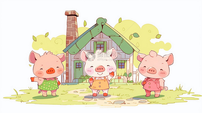 三只在房子外可爱的卡通小猪图片