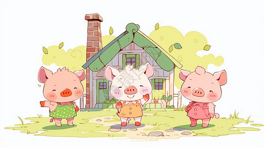 三只在房子外可爱的卡通小猪背景图片