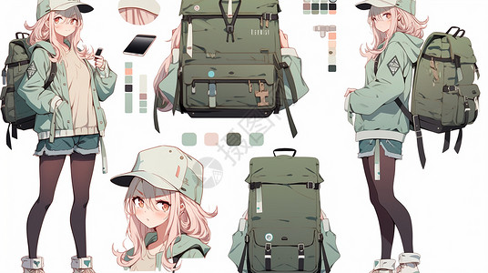 背着绿色旅行包的粉色长发卡通女孩插画