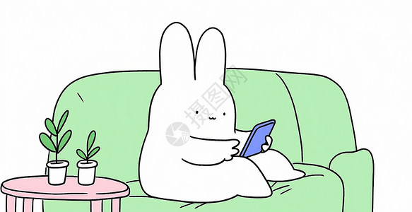坐在绿色上看手机的肥胖卡通小白兔背景图片
