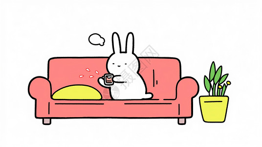 在粉色上喝饮料的可爱卡通小白兔背景图片