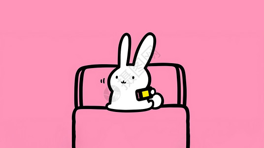 粉色背景上简约的卡通小白兔坐在床上看手机背景图片