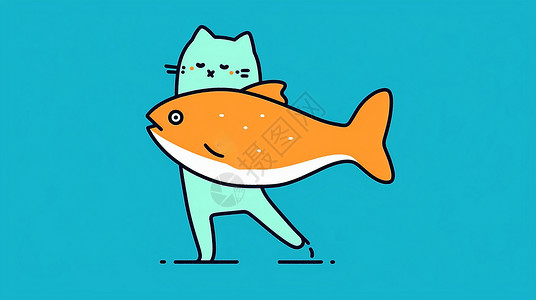 绿色小猫与橙色卡通鱼高清图片